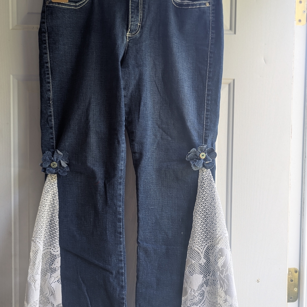 Elegant Denim Flare Jeans with Lace Accents